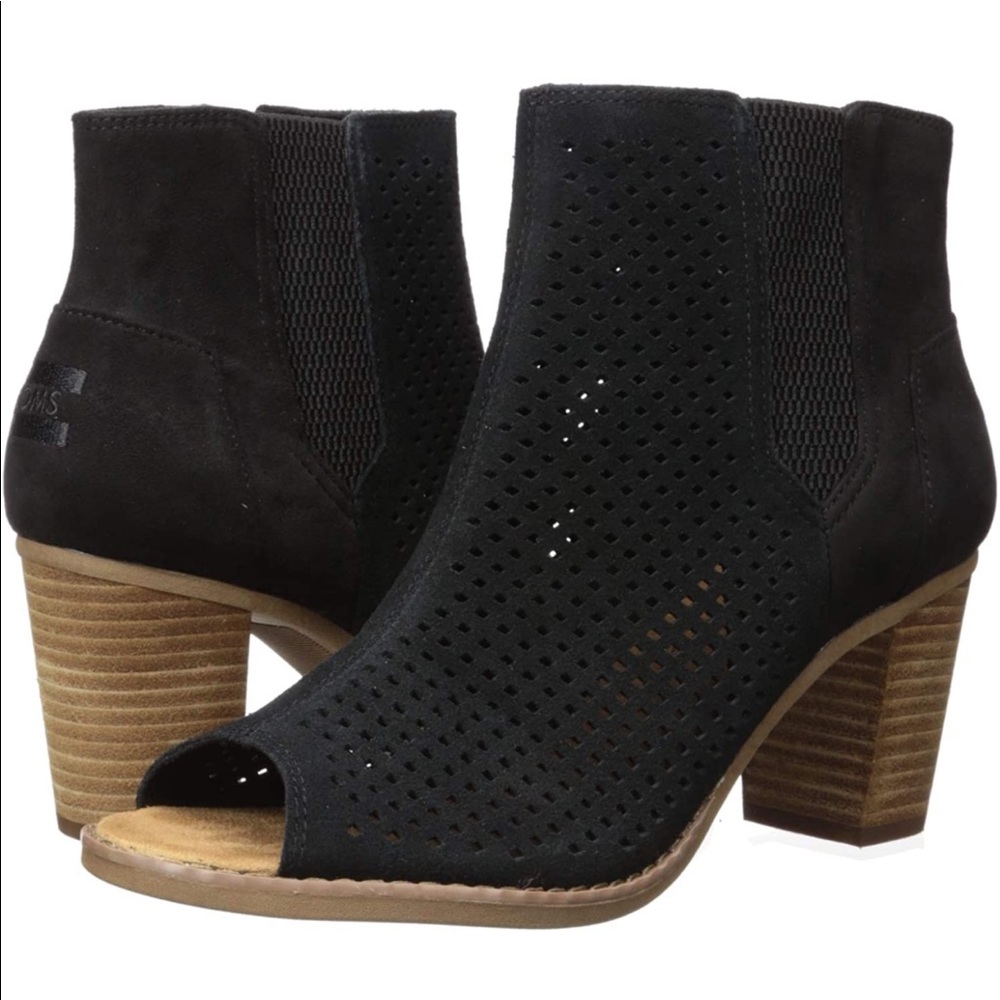 Tom’s peep toe cutout suede booties.